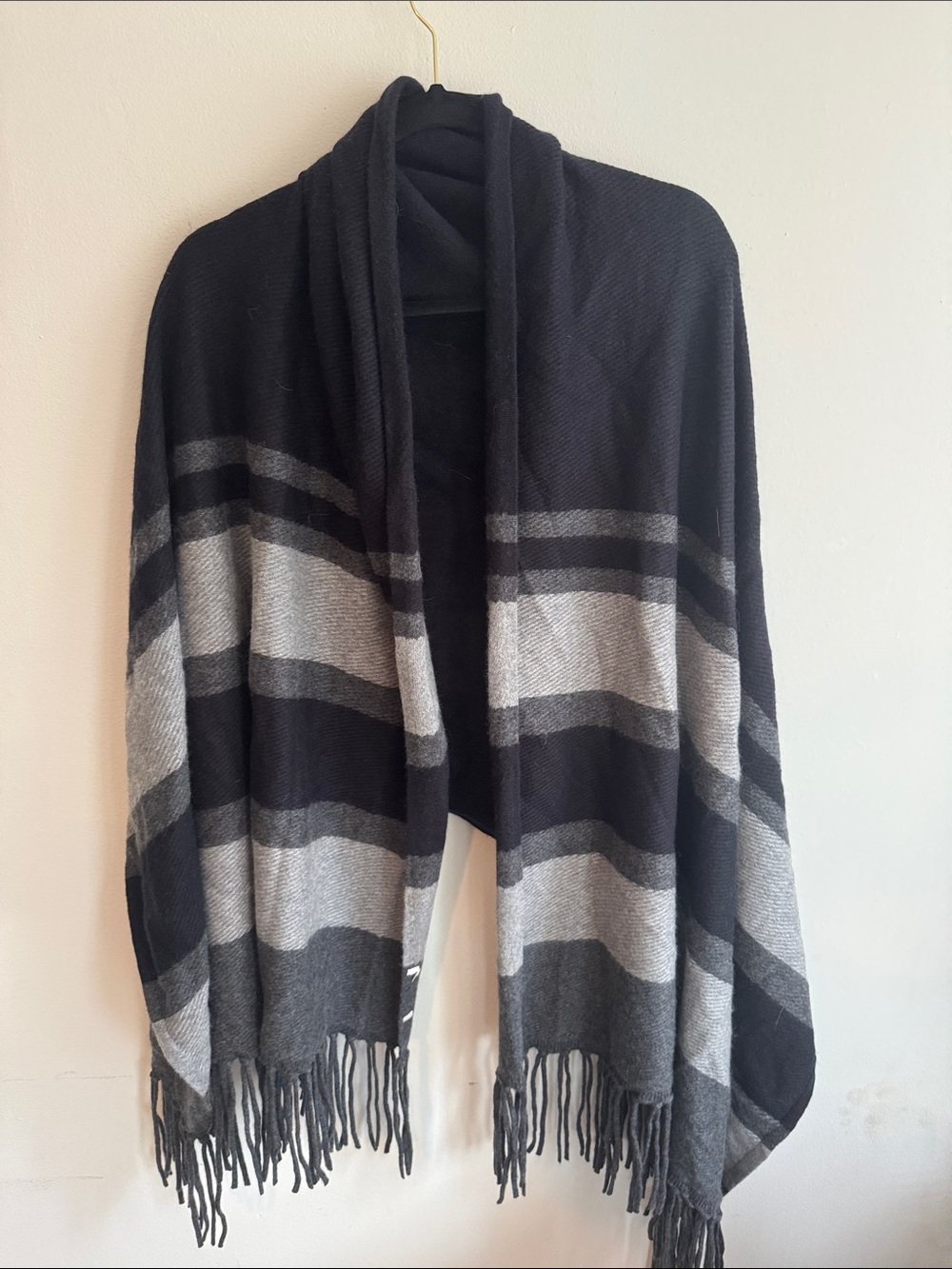 Black & Gray Striped Front Fringe Oversized Scarf